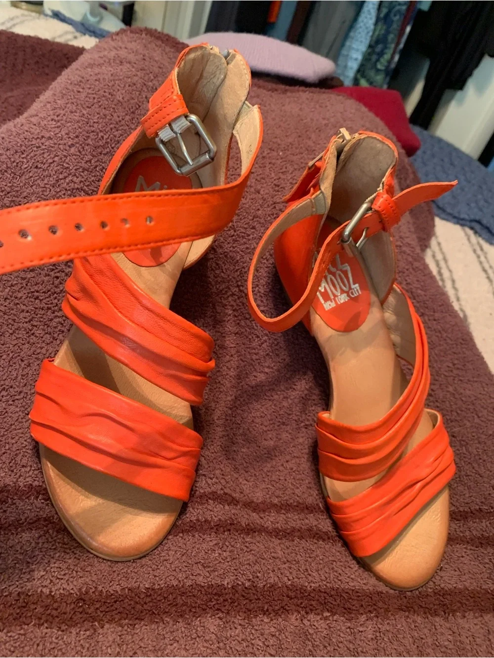 Miz Mooz Bright Orange Draped Ankle-Strap Heels & back zipper